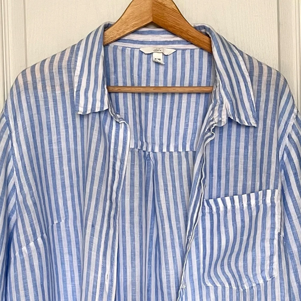 H&M 100% Linen Striped Button Down Shirt XXL Coastal Grandma Oversized Vacation - Picture 3 of 15
